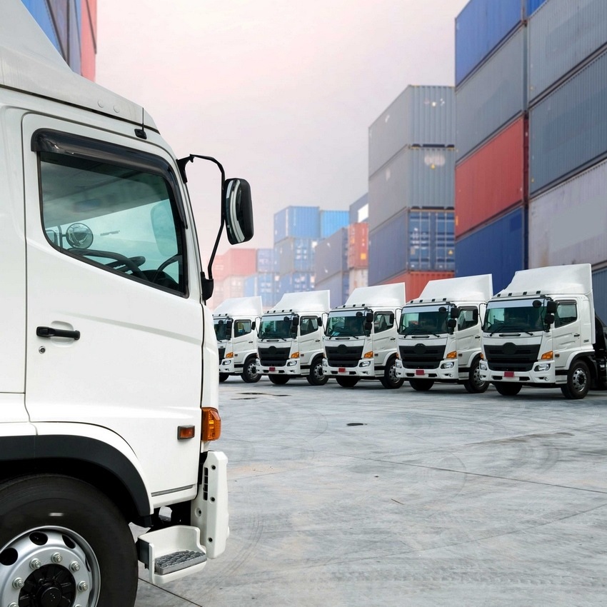 Des poids lourd dans un parking de transport